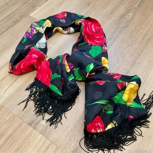 Vintage Neiman Marcus Floral Black Scarf with Fringe